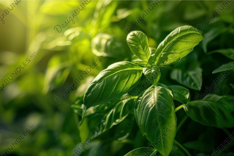 Fresh green basil plant growing in garden with sunlight example image 1