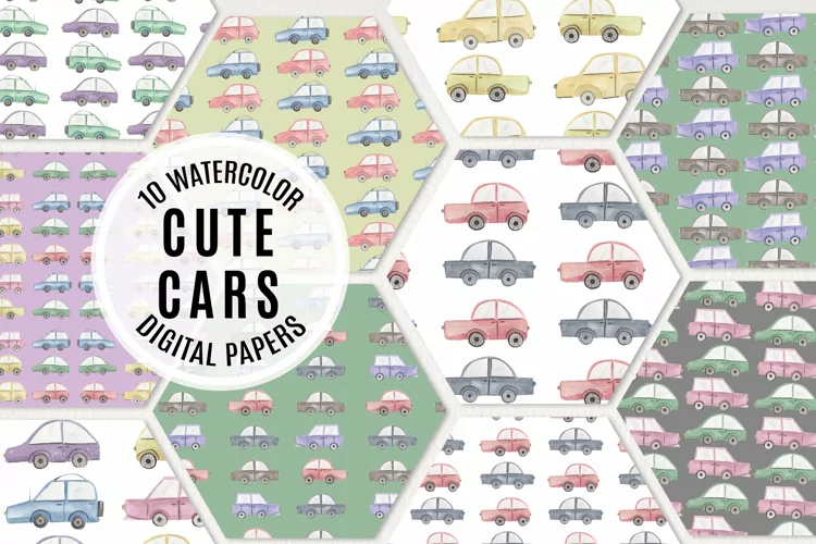 Watercolor Illustrated Cars Cute Fun Patterns Seamless