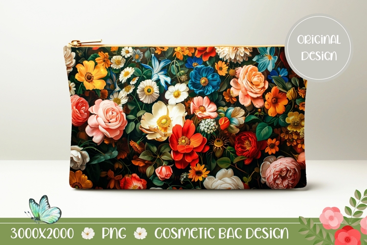 Colorful Flowers Cosmetic Bag Print, Floral Cosmetic Bag PNG
