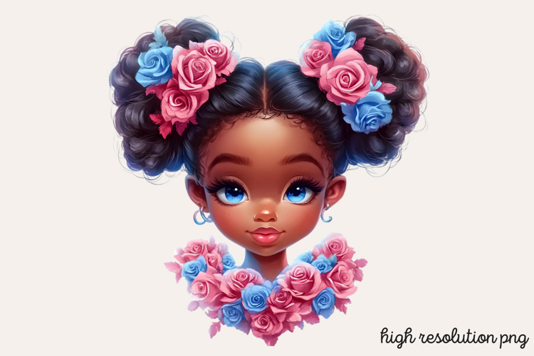 Cute Black Girl with Flower Clipart PNG