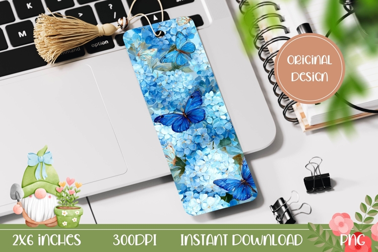Butterfly Bookmark PNG, Blue Hydrangea Bookmark Design