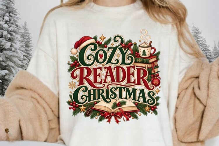 Cozy Reader Christmas Illustration, Festive Book Lover example image 1
