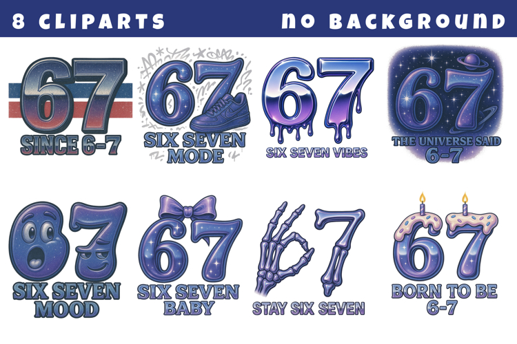 67 Trendy Chrome Meme Clipart, Six Seven PNG Bundle