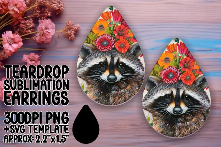 Cheerful Raccoon with Blooms Teardrop Earrings