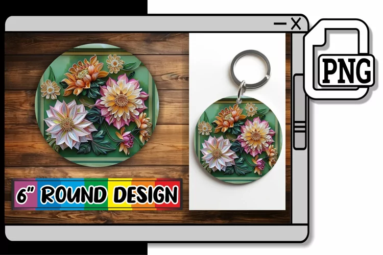 Spring Blossoms 3D Keychain Circle Design Beautiful
