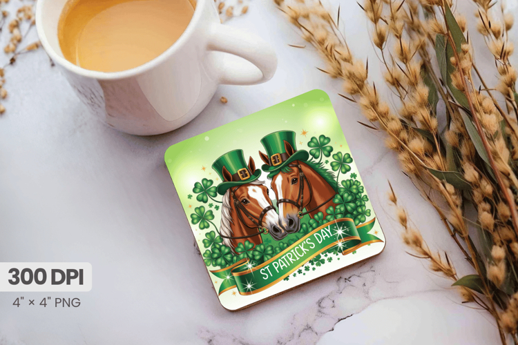 Irish St Patrick’s Day Lucky Horses Square Coaster PNG Subli