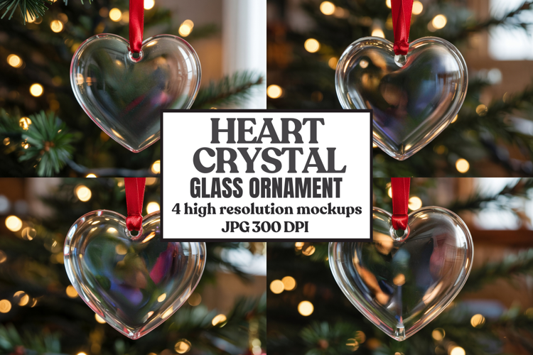 Christmas Heart Crystal Glass Ornament Mockup | Clear Heart