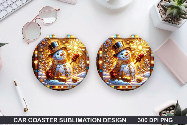 Snowman Car Coaster Sublimation|Christmas Coaster PNG Design