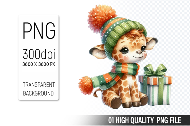 Christmas Giraffe Clipart PNG, Watercolor Christmas Animals