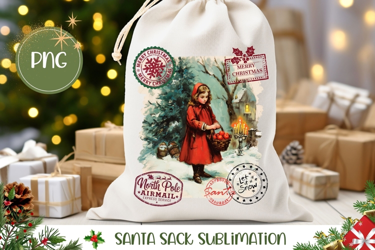 Vintage Christmas Santa Sack Template, Winter Gift Bag