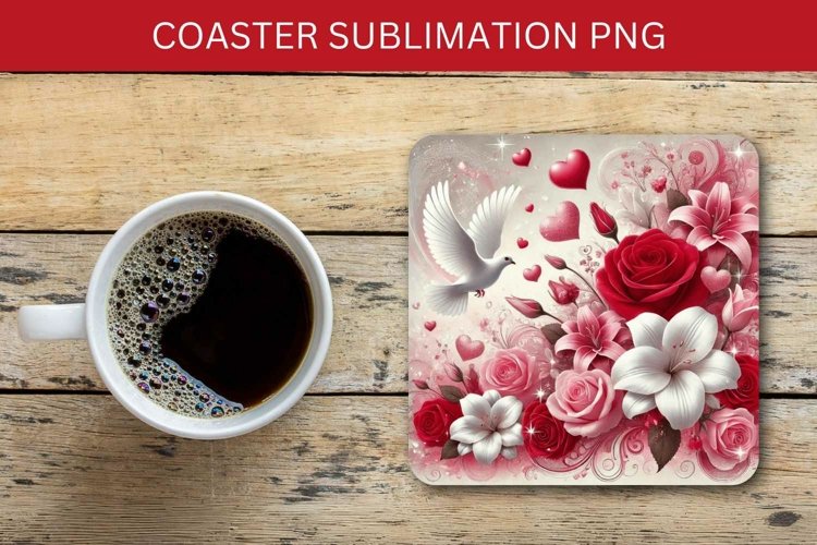 valentine square coaster - roses and dove example image 1