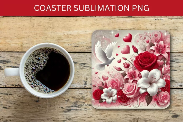 valentine square coaster - roses and dove