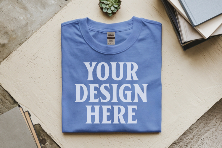 Carolina Blue Gildan 5000 Flat Lay Tshirt Mockup, G5000 mock