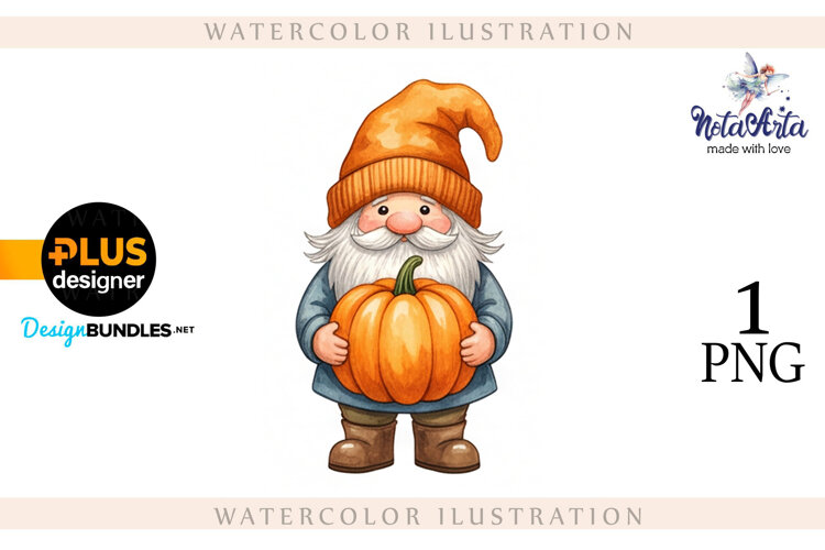 Gnomes with Pumpkin Harvest in Watercolor Style example image 1