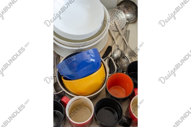 Dirty dishes in ceramic kitchen sink. Unwashed plates, mugs example image 1