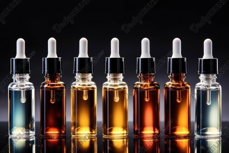 Row of Assorted Cosmetic Oil Dropper Bottles Background