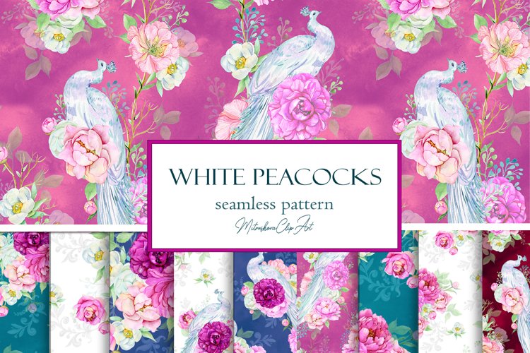 Peacocks Seamless patterns,Watercolor Peacock digital paper