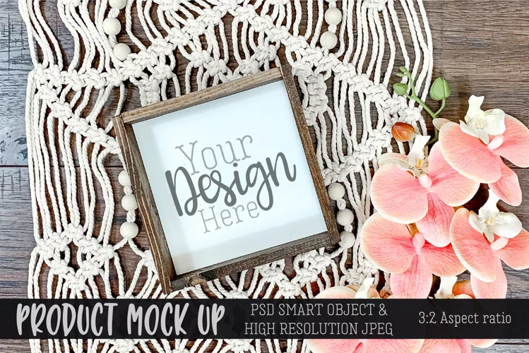 Square wood sign macrame | PSD & JPEG