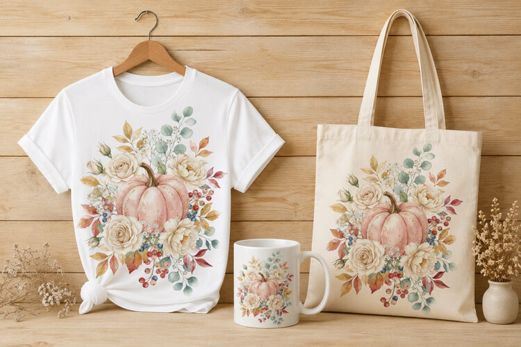 Watercolor Floral Pumpkin Autumn Arrangement Art PNG example image 1