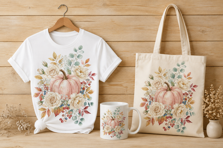 Watercolor Floral Pumpkin Autumn Arrangement Art PNG