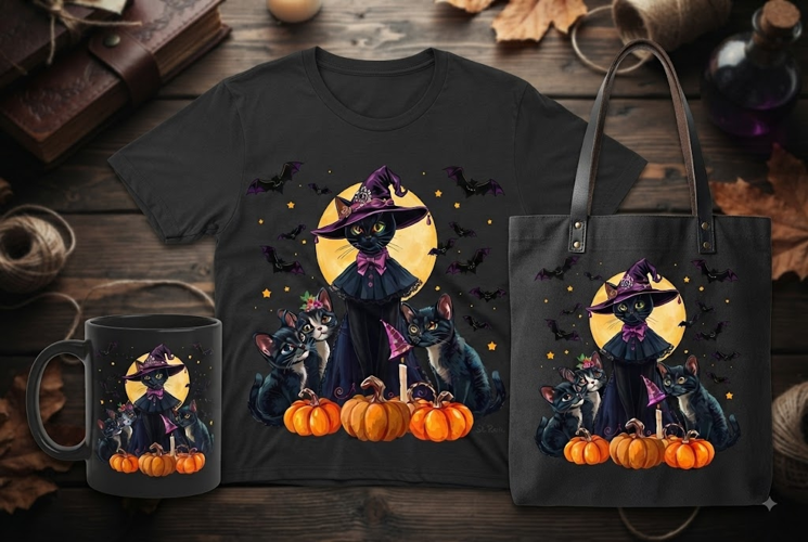 Halloween Witch Cat Family PNG | Black Cats, Bats & Pumpkins