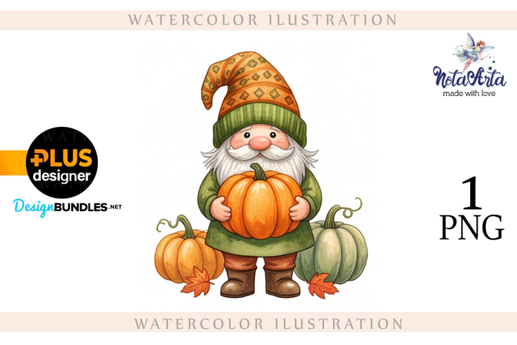 Gnomes with Pumpkin Harvest in Watercolor Style