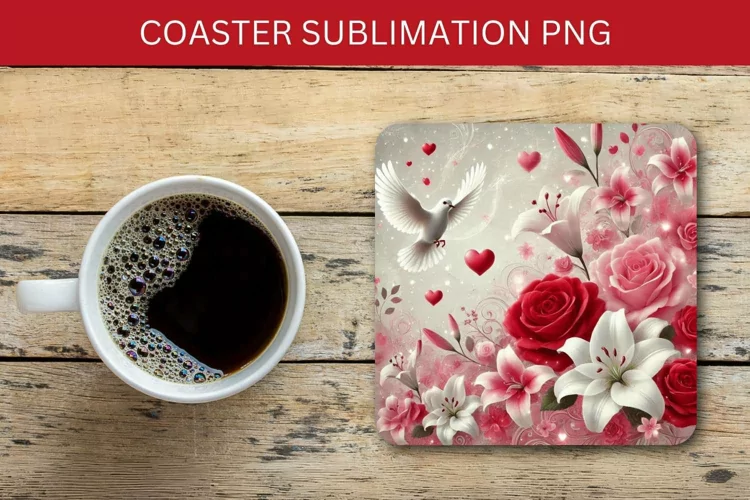 valentine square coaster - roses and dove