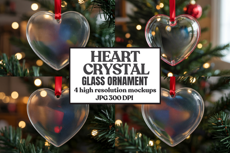 Christmas Heart Crystal Glass Ornament Mockup | Clear Heart