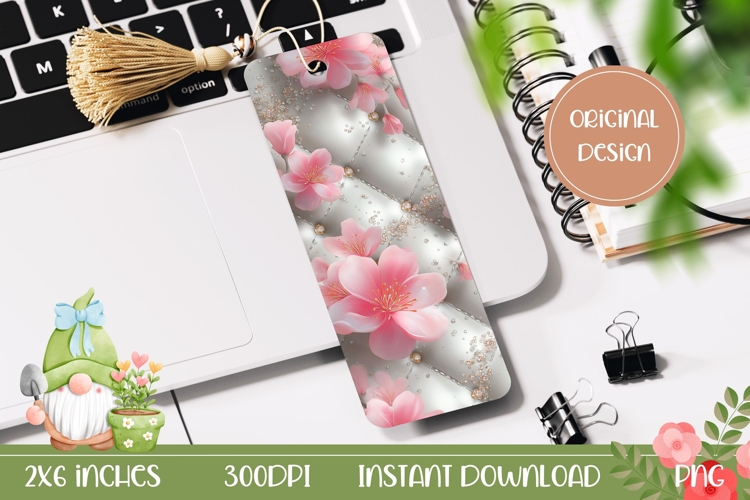 Glitter Bookmark Design, Pink Flowers Bookmark Template