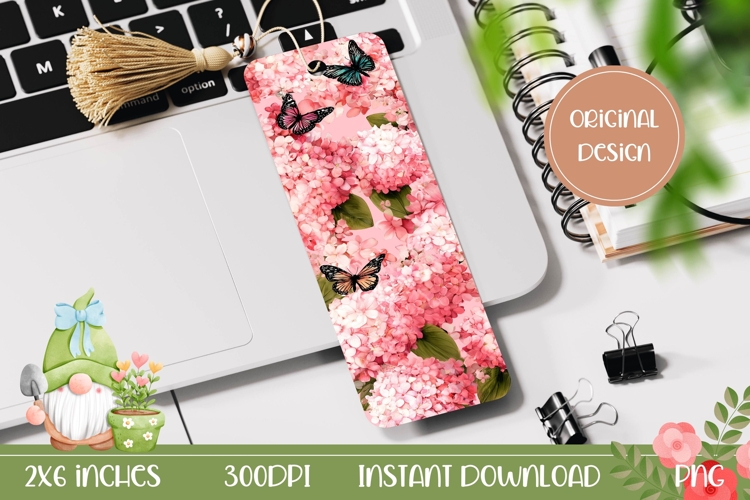 Butterfly Bookmark PNG, Pink Hydrangea Bookmark Design