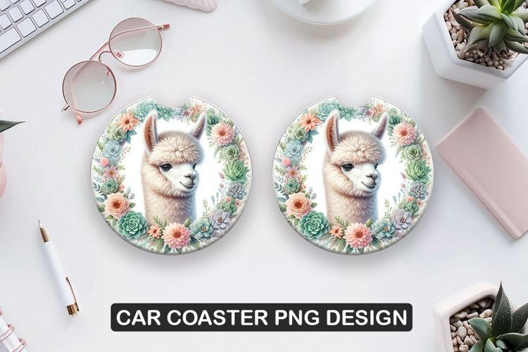 Flower Alpaca Car Coaster Sublimation| Animal Coaster PNG
