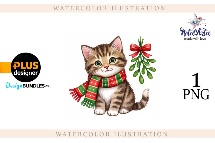 Christmas Kitten in Watercolor Style example image 1