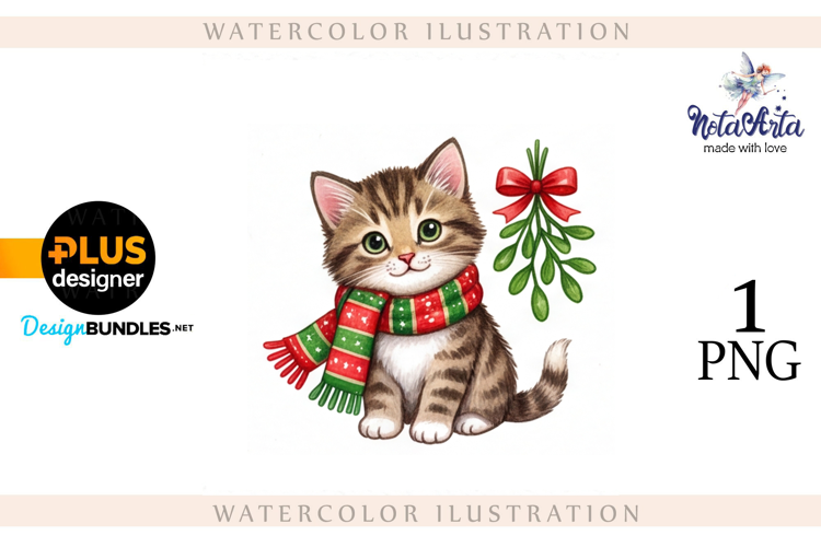 Christmas Kitten in Watercolor Style