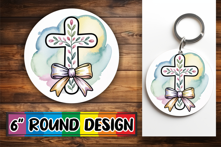Blissful Circle Coaster Sublimation PNG, Cross and Bow