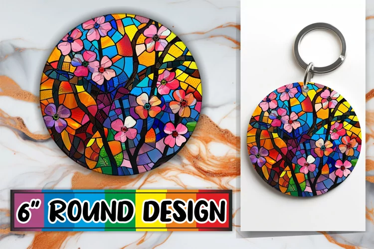Colorful Keychain Stained Glass Tree Round Design