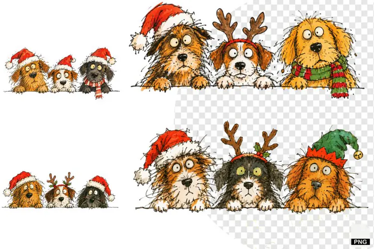 Whimsical Christmas Dogs Peeking PNG