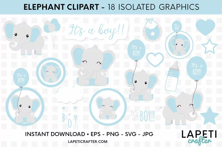 Its a boy Elephant clipart, gender reveal, baby shower svg