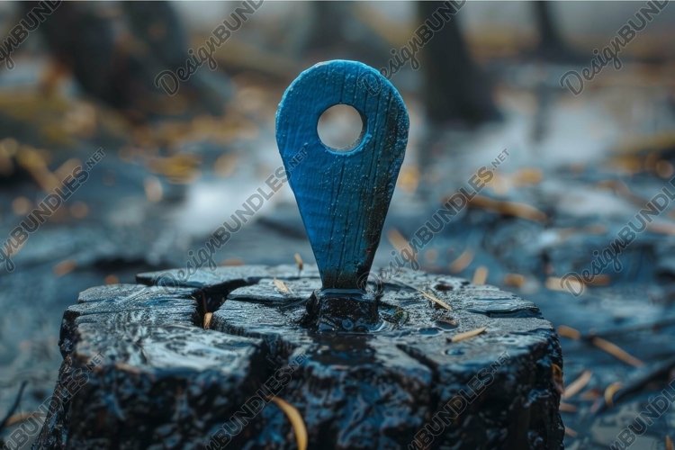 Blue wooden location pin standing on a wet stump in the fore