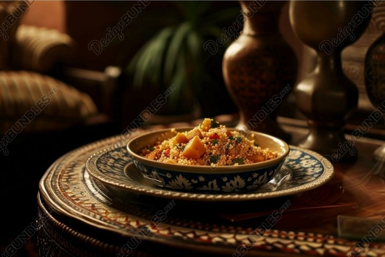 Exotic couscous dish on ornate table setting