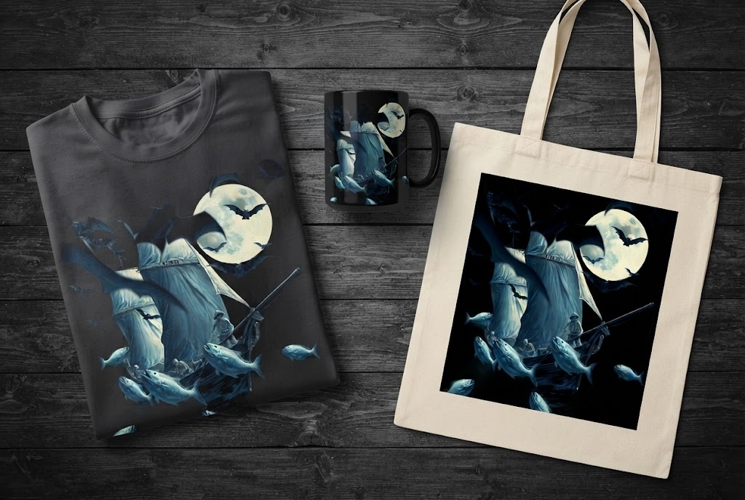Skeleton Ship Sailing Halloween Design with Flying Fish