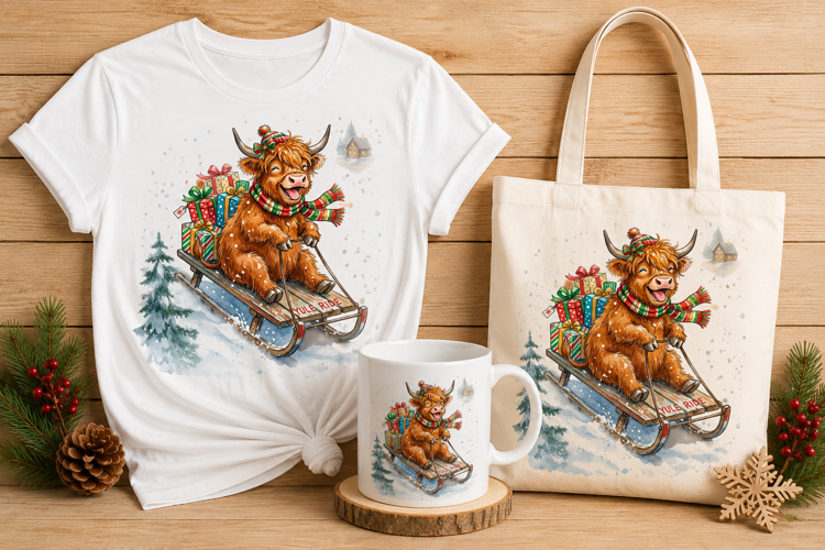 Joyful Highland Cow Sled Ride Christmas Holiday Design