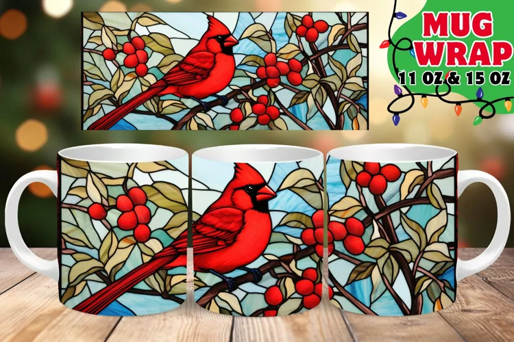 STAINED GLASS Cardinal Bird RADIANCE 11OZ 15OZ MUG WRAP