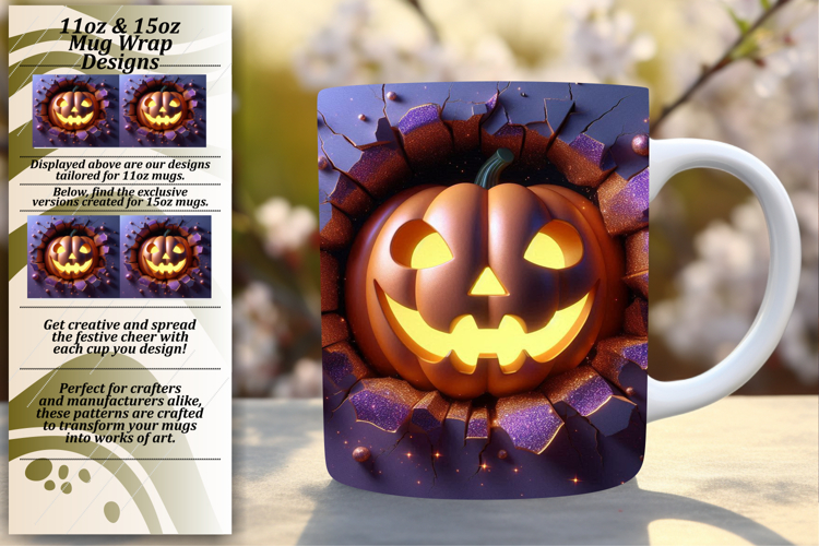 Elegant 15oz Mug Wrap Png Template , 3D Pumpkin