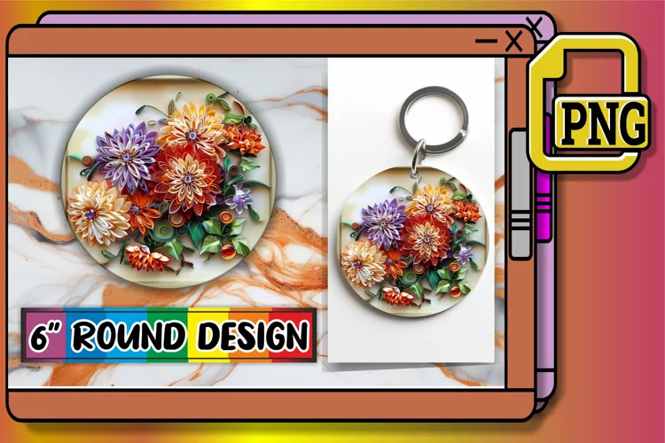 3D Blooming Flowers Keychain Circle Design Springtime