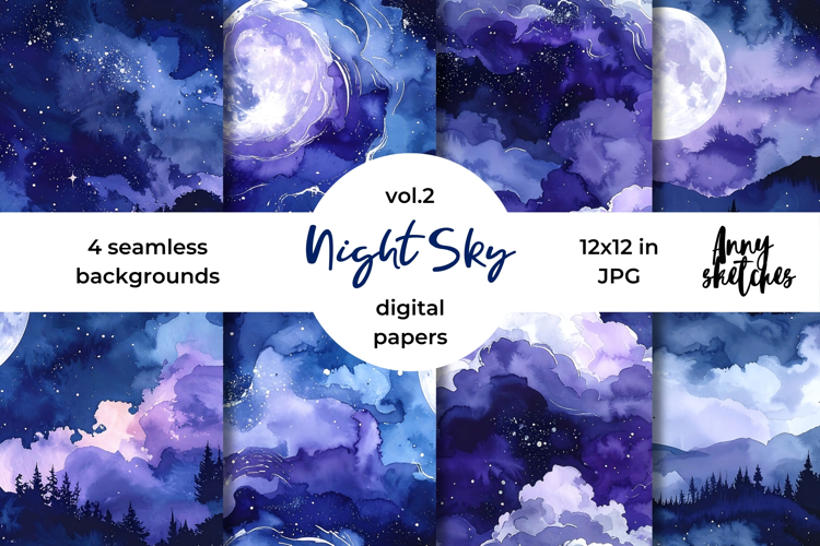 Moon & Night Sky Digital Paper Watercolor Seamless Pattern