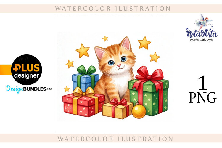 Christmas Kitten in Watercolor Style example image 1
