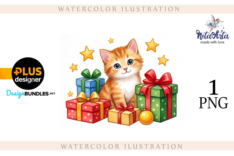 Christmas Kitten in Watercolor Style