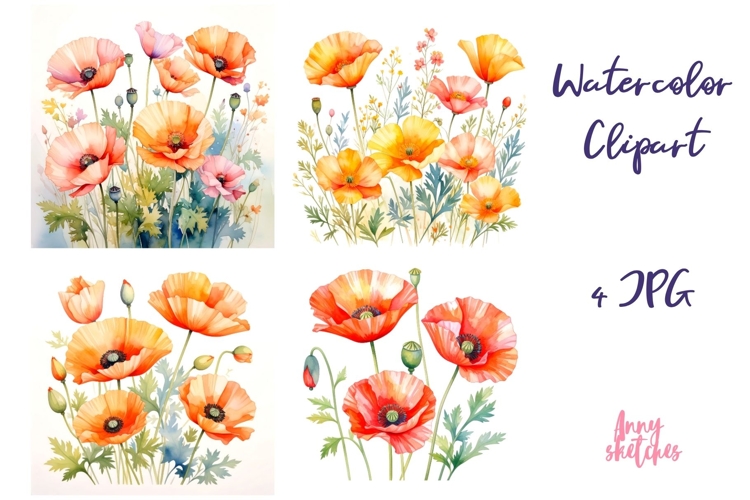 4 California Poppy Watercolor Clipart Poppy Clip Art