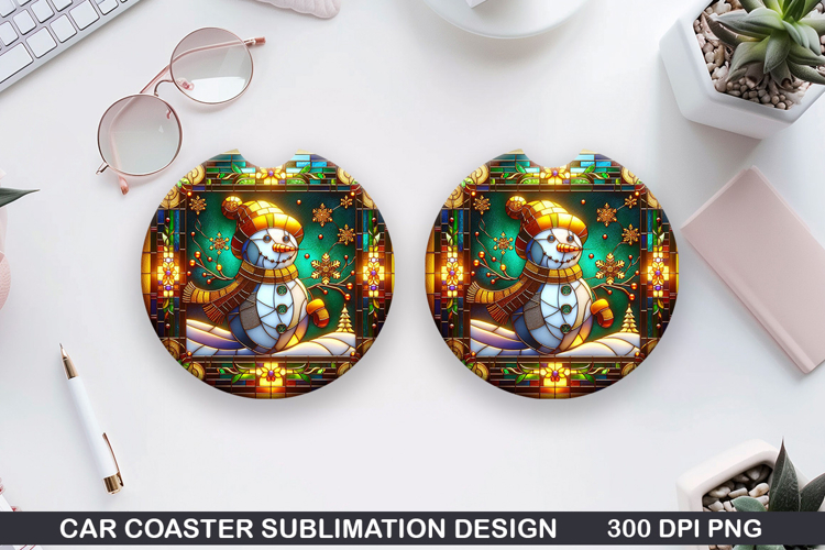 Snowman Car Coaster Sublimation|Christmas Coaster PNG Design