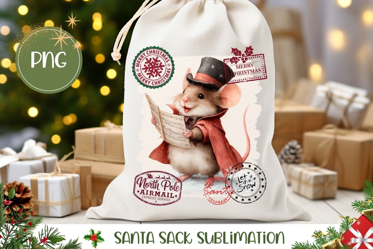 Christmas Mouse Santa Sack, Vintage Mouse Gift Bag PNG